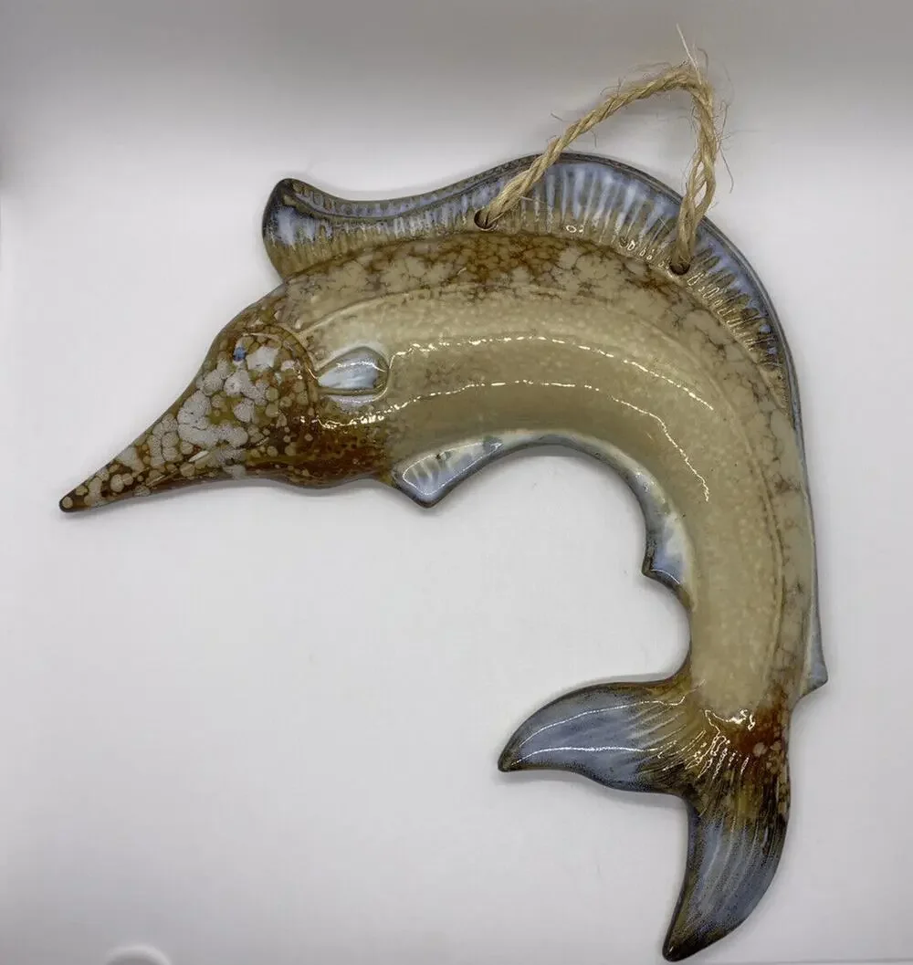 Drip Glaze Pottery Swordfish Wall Decor. Approx 11”x 10.5”